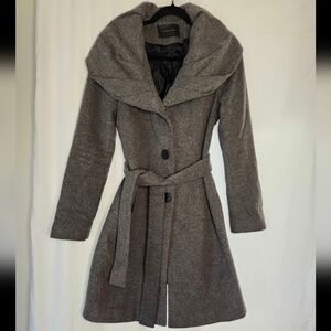 Tahari Wool Blend Wrap Coat Draped Ruffle Collar Belted Gray Size M